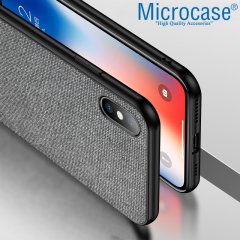 Microcase iPhone X - iPhone XS Fabrik Serisi Kumaş ve Deri Desen Kılıf - Gri + Tempered Glass Cam Koruma