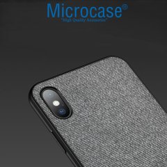 Microcase iPhone XS MAX Fabrik Serisi Kumaş ve Deri Desen Kılıf - Gri + Tempered Glass Cam Koruma