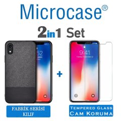Microcase iPhone XR Fabrik Serisi Kumaş ve Deri Desen Kılıf - Siyah + Tempered Glass Cam Koruma