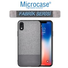 Microcase iPhone XR Fabrik Serisi Kumaş ve Deri Desen Kılıf - Gri + Tempered Glass Cam Koruma