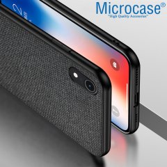 Microcase iPhone XR Fabrik Serisi Kumaş ve Deri Desen Kılıf - Siyah
