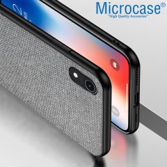 Microcase iPhone XR Fabrik Serisi Kumaş ve Deri Desen Kılıf - Gri