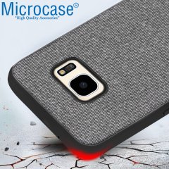 Microcase Samsung Galaxy S7 Fabrik Serisi Kumaş ve Deri Desen Kılıf - Gri
