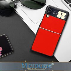Microcase Samsung Galaxy Z Flip 3 için Deri Desenli Plastik Koruma Kılıf - Kırmızı