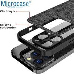 Microcase iPhone 13 Pro Max Fabrik Serisi Kumaş ve Deri Desen Kılıf - Siyah