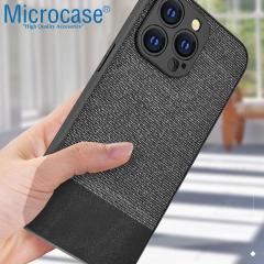 Microcase iPhone 13 Pro Max Fabrik Serisi Kumaş ve Deri Desen Kılıf - Siyah