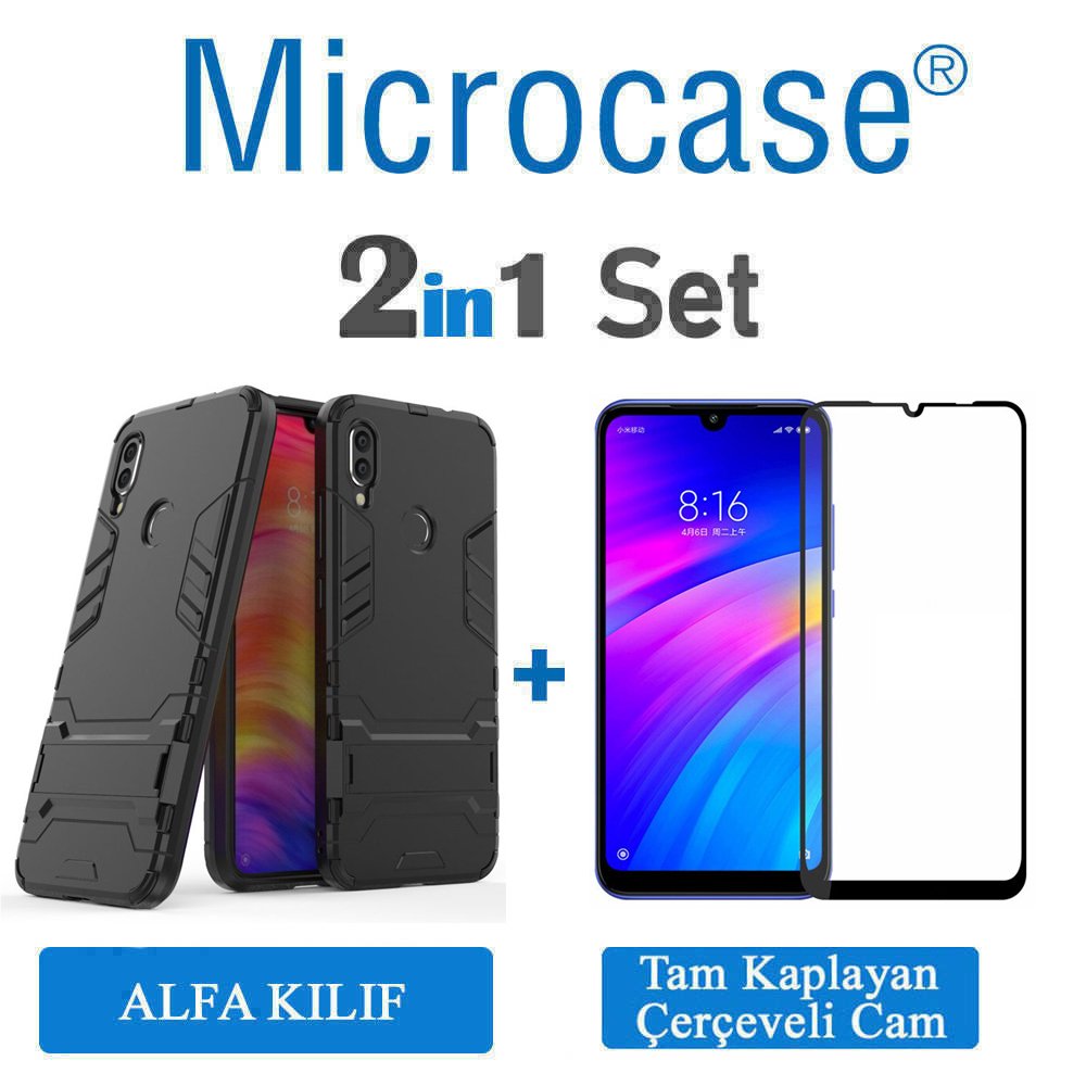 Xiaomi Redmi 7 Alfa Armor Standlı Kılıf + Tam Kaplayan Cam