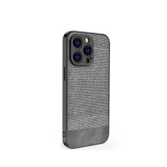 Microcase iPhone 13 Pro Max Fabrik Serisi Kumaş ve Deri Desen Kılıf - Gri