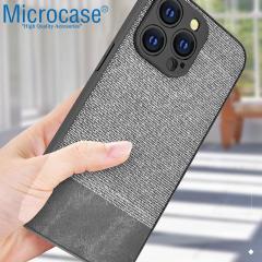 Microcase iPhone 13 Pro Max Fabrik Serisi Kumaş ve Deri Desen Kılıf - Gri