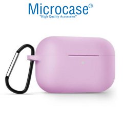 Microcase Airpods Pro Kulaklık ve Şarj Ünitesi için Silikon Kılıf + Çengel- Lila