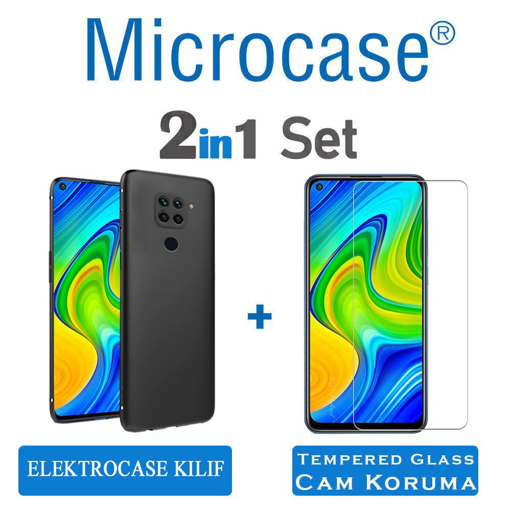 Microcase Xiaomi Redmi Note 9 Elektrocase Serisi Kamera Korumalı Silikon Kılıf - Siyah + Tempered Glass Cam Koruma