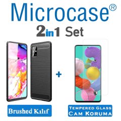 Microcase Samsung Galaxy A51 Brushed Carbon Fiber Silikon Kılıf - Siyah + Tempered Glass Cam Koruma
