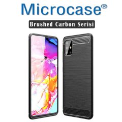 Microcase Samsung Galaxy A51 Brushed Carbon Fiber Silikon Kılıf - Siyah + Tempered Glass Cam Koruma