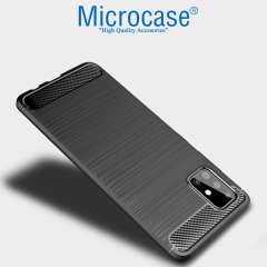 Microcase Samsung Galaxy A51 Brushed Carbon Fiber Silikon Kılıf - Siyah + Tempered Glass Cam Koruma