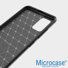 Microcase Samsung Galaxy A51 Brushed Carbon Fiber Silikon Kılıf - Siyah + Tempered Glass Cam Koruma