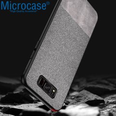 Microcase Samsung Galaxy S8 Plus Fabrik Serisi Kumaş ve Deri Desen Kılıf - Gri