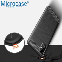 Microcase Samsung Galaxy A51 Brushed Carbon Fiber Silikon Kılıf - Siyah + Tempered Glass Cam Koruma