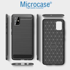 Microcase Samsung Galaxy A51 Brushed Carbon Fiber Silikon Kılıf - Siyah + Tempered Glass Cam Koruma