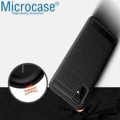 Microcase Samsung Galaxy A71 Brushed Carbon Fiber Silikon Kılıf - Siyah + Tempered Glass Cam Koruma