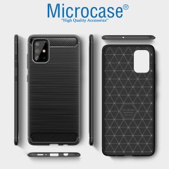 Microcase Samsung Galaxy A71 Brushed Carbon Fiber Silikon Kılıf - Siyah + Tempered Glass Cam Koruma