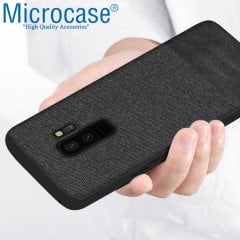 Microcase Samsung Galaxy S9 Plus Fabrik Serisi Kumaş ve Deri Desen Kılıf - Siyah