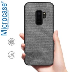 Microcase Samsung Galaxy S9 Plus Fabrik Serisi Kumaş ve Deri Desen Kılıf - Gri