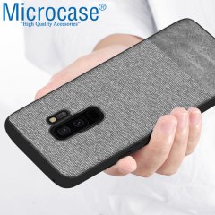 Microcase Samsung Galaxy S9 Plus Fabrik Serisi Kumaş ve Deri Desen Kılıf - Gri