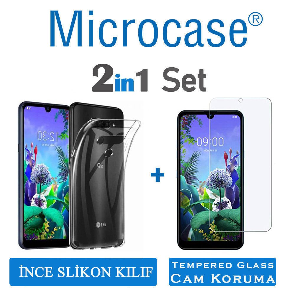 Microcase LG Q60 Ultra İnce 0.2 mm Soft Silikon Kılıf + Tempered Glass Cam Koruma (SEÇENEKLİ)