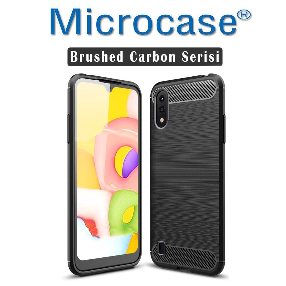 Microcase Samsung Galaxy A01 Brushed Carbon Fiber Silikon Kılıf - Siyah