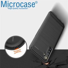 Microcase Realme XT Brushed Carbon Fiber Silikon Kılıf - Siyah + Tempered Glass Cam Koruma