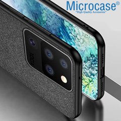 Microcase Samsung Galaxy S20 Ultra Fabrik Serisi Kumaş ve Deri Desen Kılıf - Siyah