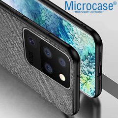 Microcase Samsung Galaxy S20 Ultra Fabrik Serisi Kumaş ve Deri Desen Kılıf - Gri