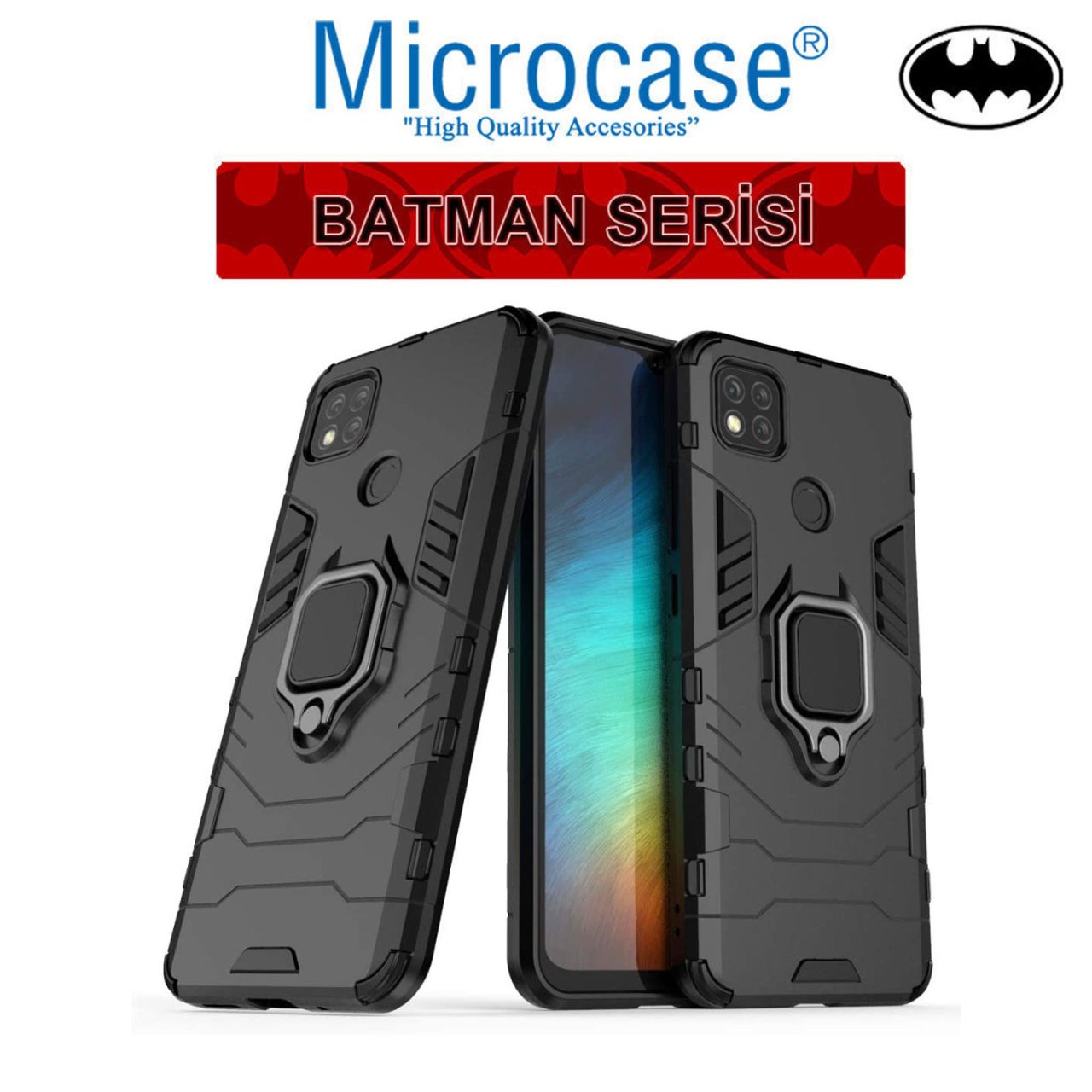 Xiaomi Redmi 9C Batman Serisi Yüzük Standlı Armor Kılıf - Siyah