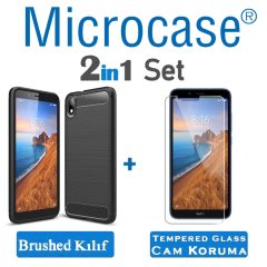Microcase Xiaomi Redmi 7A Brushed Carbon Fiber Silikon Kılıf + Tempered Glass Cam Koruma