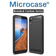 Microcase Xiaomi Redmi 7A Brushed Carbon Fiber Silikon Kılıf + Tempered Glass Cam Koruma