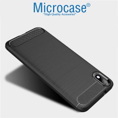 Microcase Xiaomi Redmi 7A Brushed Carbon Fiber Silikon Kılıf + Tempered Glass Cam Koruma