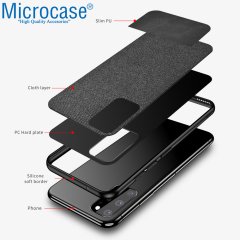 Microcase Samsung Galaxy S20 Plus Fabrik Serisi Kumaş ve Deri Desen Kılıf - Siyah