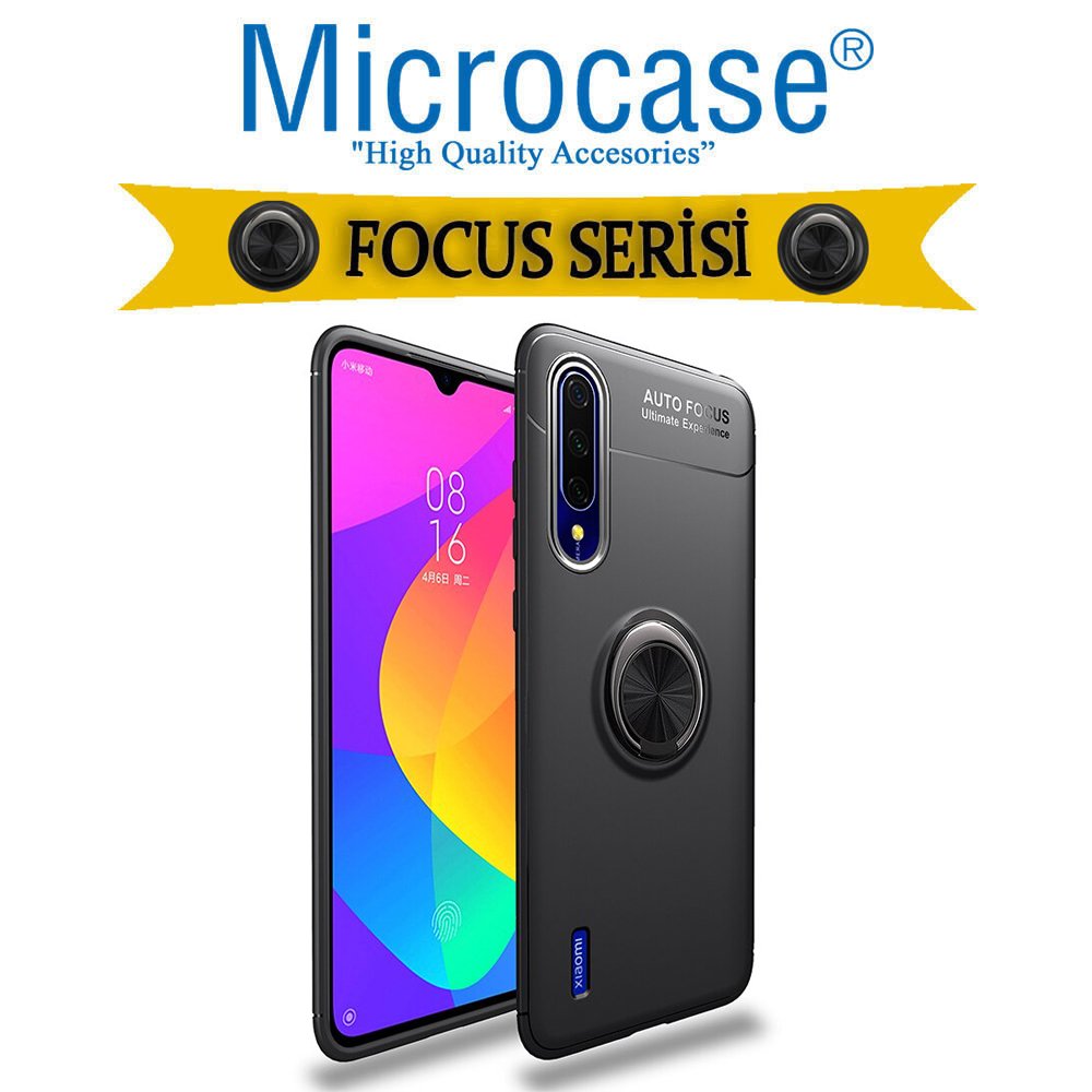 Microcase Xiaomi Mi 9 Lite Focus Serisi Yüzük Standlı Silikon Kılıf - Siyah