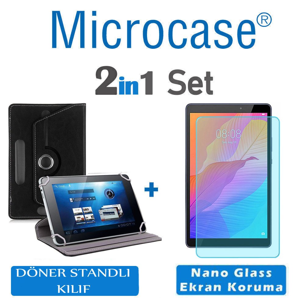 Microcase Huawei MatePad T8 8 inch Tablet Universal Döner Standlı Kılıf - Siyah + Nano Esnek Ekran Koruma Filmi