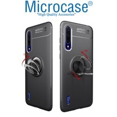 Microcase Xiaomi Mi 9 Lite Focus Serisi Yüzük Standlı Silikon Kılıf - Siyah + Tempered Glass Cam Koruma