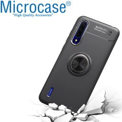 Microcase Xiaomi Mi 9 Lite Focus Serisi Yüzük Standlı Silikon Kılıf - Siyah + Tempered Glass Cam Koruma