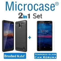 Microcase Nokia 1 Plus Brushed Carbon Fiber Silikon Kılıf + Tempered Glass Cam Koruma