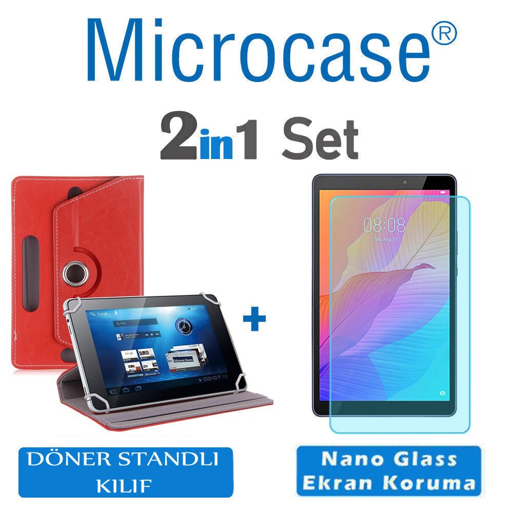 Microcase Huawei MatePad T8 8 inch Tablet Universal Döner Standlı Kılıf - Kırmızı + Nano Esnek Ekran Koruma Filmi