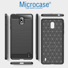 Microcase Nokia 1 Plus Brushed Carbon Fiber Silikon Kılıf + Tempered Glass Cam Koruma