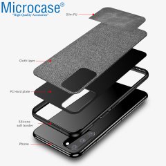 Microcase Samsung Galaxy S20 Fabrik Serisi Kumaş ve Deri Desen Kılıf - Gri