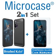 Microcase Huawei Honor 20 Pro Brushed Carbon Fiber Silikon Kılıf + Tempered Glass Cam Koruma
