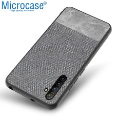 Microcase Realme XT Fabrik Serisi Kumaş ve Deri Desen Kılıf - Gri