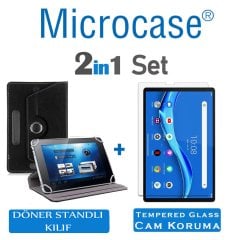 Microcase Lenovo M10 FHD Plus  10.3'' TB-X606 X606F Tablet Universal Döner Standlı Kılıf - Siyah + Tempered Glass Cam Koruma