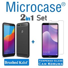 Microcase Huawei Y7 Pro 2018 Dual Sim Brushed Carbon Fiber Silikon Kılıf + Tempered Glass Cam Koruma