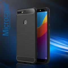 Microcase Huawei Y7 Pro 2018 Dual Sim Brushed Carbon Fiber Silikon Kılıf + Tempered Glass Cam Koruma